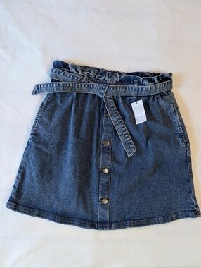 New Lands' End Girls Paperbag Waist Denim Skirt - Blue Jean